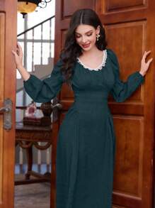 Modelyn Của phụ nữ Đúng mốt Tay áo dài Vòng cổ Đầm - Màu xanh lá cây đậm - Xem 1