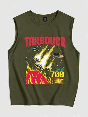 Street Life Men's Spaceship & Flame & Letter Print Tank Top For Summer