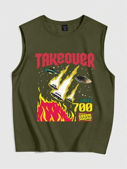 Street Life ملابس علوية بدون أكمام مطبوع عليه صورة سفينة فضائية ولهب وحرف للرجال في الصيف