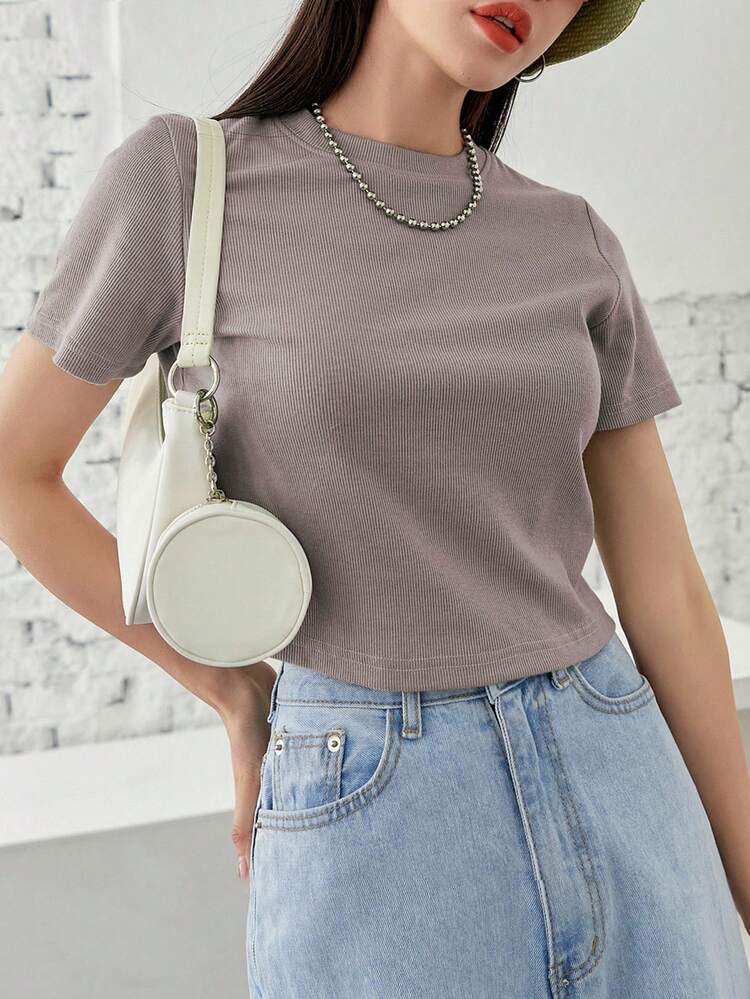 Summer Casual Solid Color Short Sleeve T-Shirt With Textured Stripes,Crop Tops Women