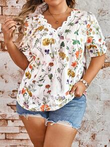 SHEIN LUNE Plus Size Summer Casual Patchwork Lace Floral Printed Blouse