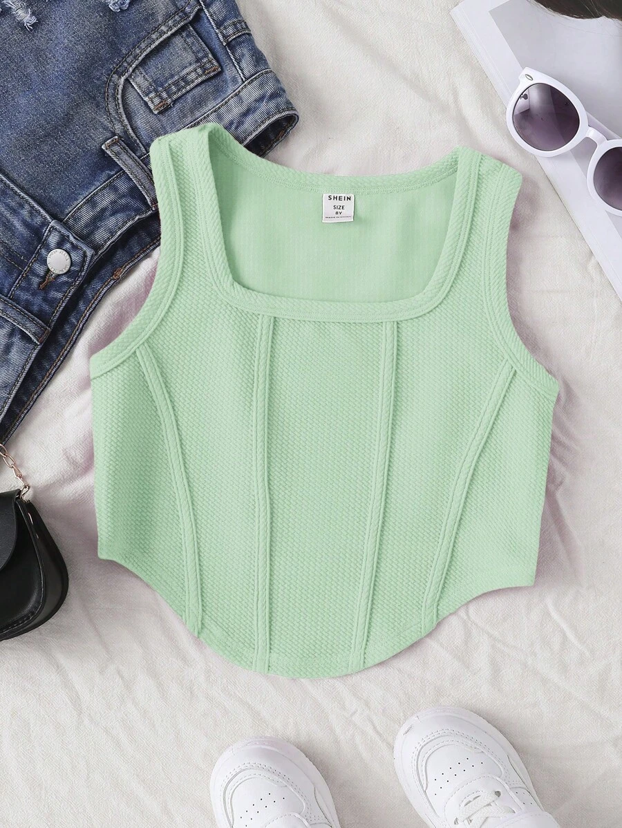 SHEIN Camiseta sin mangas básica para niña preadolescente tejida a mano para el verano con escote cuadrado y dobladillo curvado - Verde Lima - Ver 1