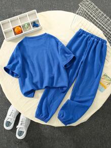 Cậu bé Tween Giải trí In thư Vòng cổ Ngắn tay Áo thun Và Dài Quần Bộ - Màu xanh lam - Xem 2