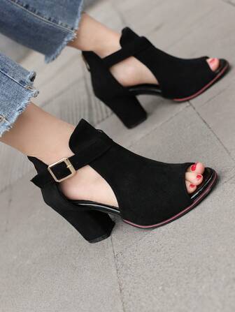 Wide Fit Plus Size Suede Belt Buckle Peep Toe Black High Heel Chunky Heel Sandals Boots