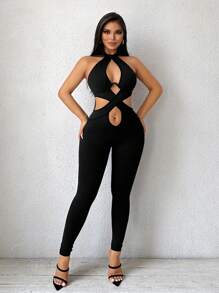 SHEIN SXY 女性性感黑色無袖十字背心露背連身緊身跳躍套裝 - 黑色 - 查看 5