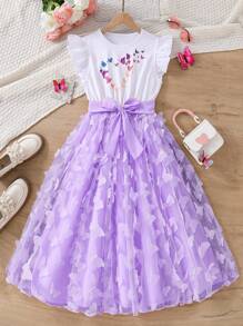 Vestido de verano para niñas preadolescentes con mariposas, flores 3D, elegante, cómodo y activo, ideal para vacaciones, verano y viajes - Púrpura malva - Ver 3