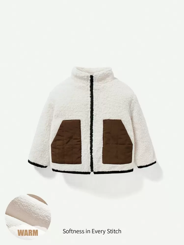 Bébé Garçon Manteau Duveteux À Poches À Liseré Contrastant