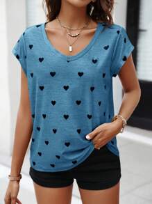 SHEIN LUNE Heart Print Women's T-Shirt - Blue - View 3