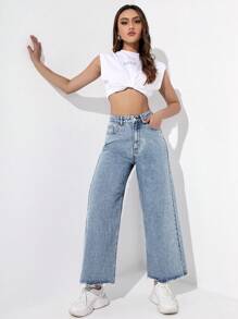 SHEIN ICON 女士時尚高腰直筒寬鬆牛仔褲 - 淺色水洗藍 - 查看 3