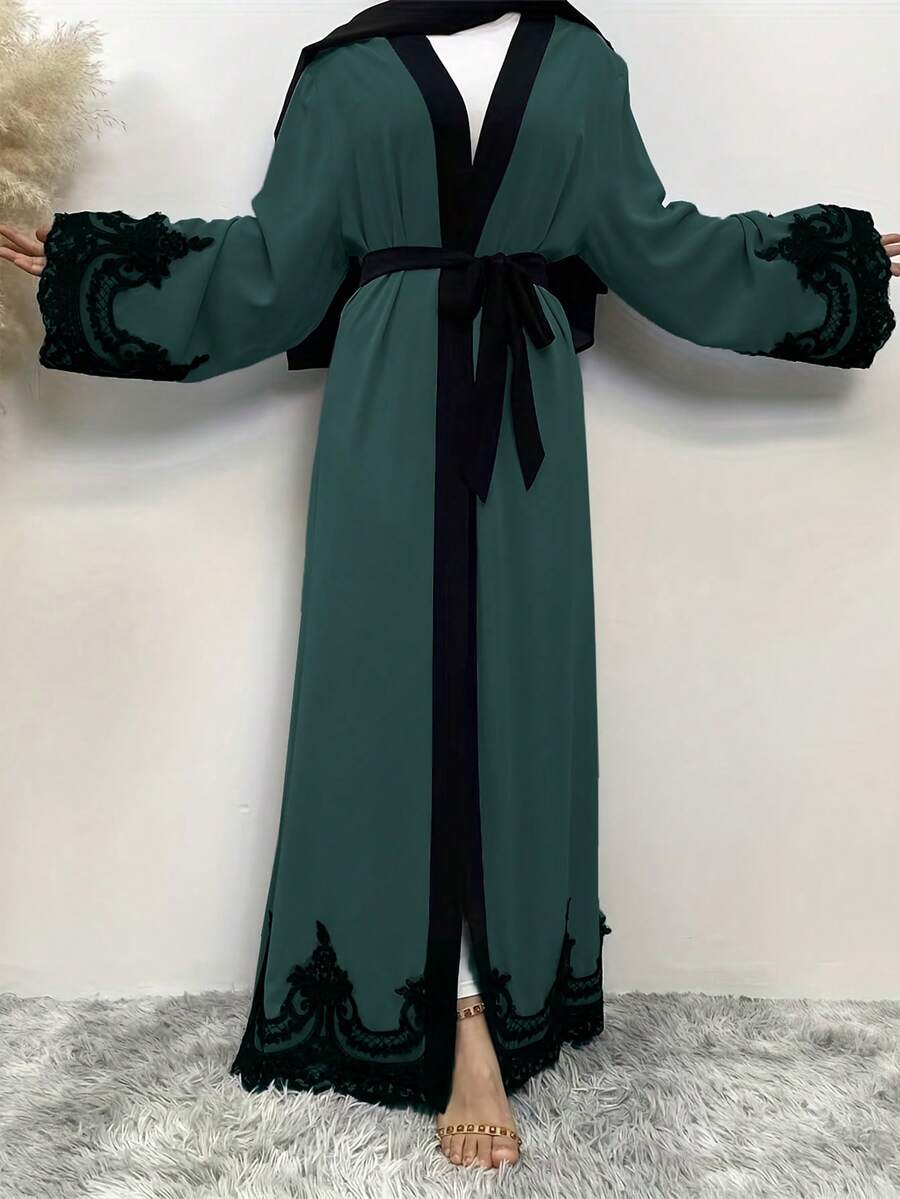 Women's Arabic Traditional Long Dress With Waistband Decoration And Lace Trim On Cuffs