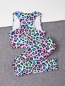 SHEIN 少女運動風彩色豹紋針織背心和打底褲套裝，適用於春夏季