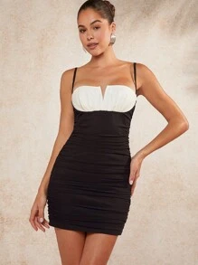 L'Amorae Contrast Notch Bust Ruched Cami Dress - Black and White - View 5