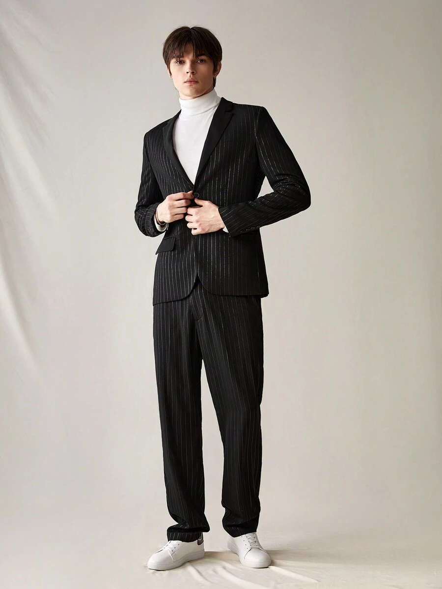 Manfinity VCAY Men's Casual Striped Two Piece Suit - Black - View 1