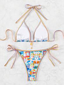 Swim Vcay Abito bikini a stampa albero di palma con scollo all'americana e lacci per il collo per donne estivo mare vacanza