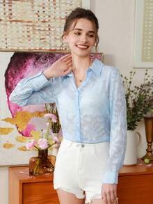 GENKIRA Quý cô Đúng mốt Họa tiết Ngẫu nhiên Tay áo dài Áo sơ mi - Màu xanh lam - Xem 4