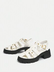 Sandalias de mujer con tacones gruesos, zapatos de estilo metálico para vacaciones de verano - Blanco - Ver 8