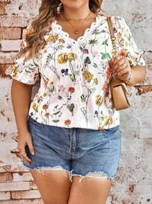 SHEIN LUNE Plus Size Summer Casual Patchwork Lace Floral Printed Blouse