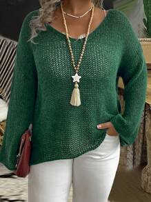 SHEIN LUNE Plus 1pc Drop Shoulder Open Knit Sweater Knit Pullover Fall Winter Autumn Sweater - Green - View 5