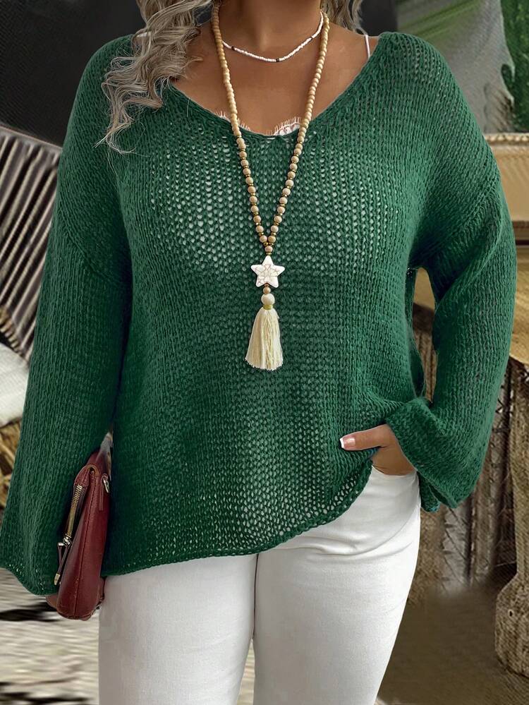 Plus 1pc Drop Shoulder Open Knit Sweater Knit Pullover Fall Winter Autumn Sweater