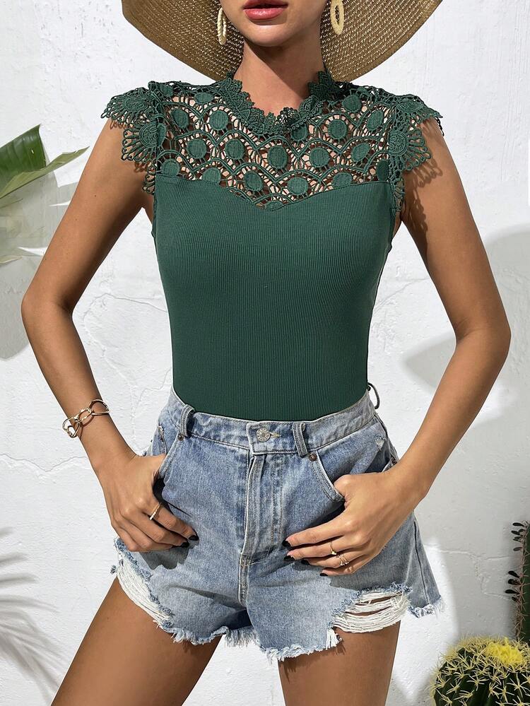 Spring/Summer Solid Color Sleeveless Lace Patchwork Hollow Out Sexy Women's T-Shirt