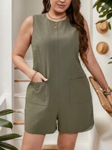 SHEIN LUNE Bộ đồ liền thân cổ tròn không tay màu xanh lá cây cỡ lớn dành cho nữ, thoải mái khi mặc vào mùa thu - xanh quân đội - Xem 1