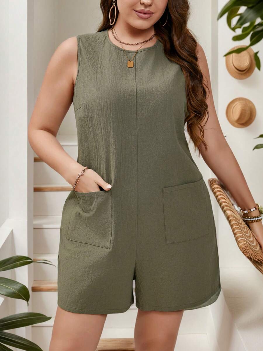 SHEIN LUNE Bộ đồ liền thân cổ tròn không tay màu xanh lá cây cỡ lớn dành cho nữ, thoải mái khi mặc vào mùa thu - xanh quân đội - Xem 1