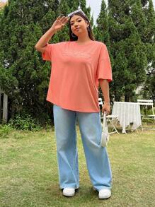 CovetEZ 大尺碼字母刺繡圓領短袖t恤 - 橘色 - 查看 3