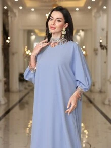 Al Najma Women's Solid Color Collar & Sleeve Decor Elegant Turkish Style Long Modest Kaftan - Dusty Blue - View 1