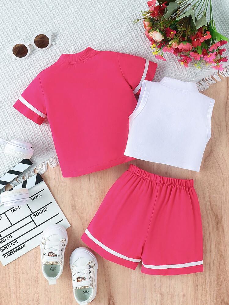 Baby Girl Solid Color Small Stand Collar Vest, Letter Print Short Sleeve Top And Shorts Casual Outfit