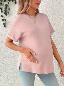 SHEIN Maternity Summer Side Split Young Casual Loose Round Neck Knit T-Shirt - Pink - View 3