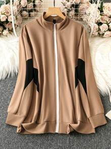 SHEIN LUNE Talla Grande Chaqueta Casual De Manga Larga Con Estampado De Bloques De Color, Cierre Frontal De Cremallera Y Cuello Alto Para Primavera Y Otoño Para Mujer