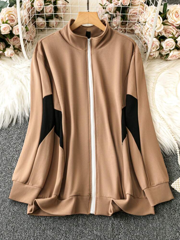 Plus Size Women's Spring And Autumn Color Block Zipper Front Stand Collar Long Sleeve Casual Jacket Fall Cloth For Women