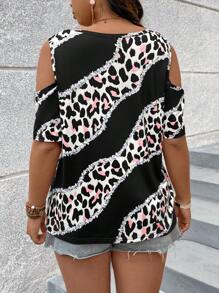 SHEIN LUNE 加大尺碼夏季休閒豹紋和花卉印花冷肩頸短袖t恤衫,帶拼接 - 彩色 - 查看 2
