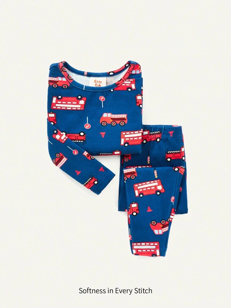 Baby Boy Snug Fit Pajama Set With Cartoon Pattern, Round Neck Top And Long Pants
