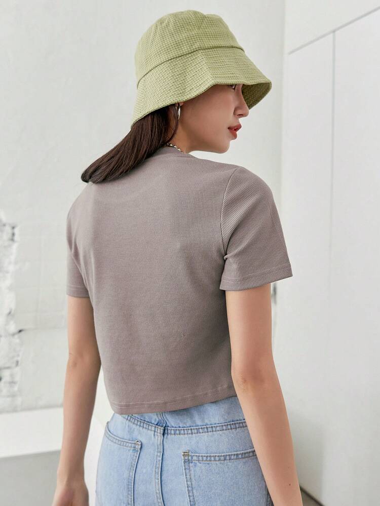 Summer Casual Solid Color Short Sleeve T-Shirt With Textured Stripes,Crop Tops Women
