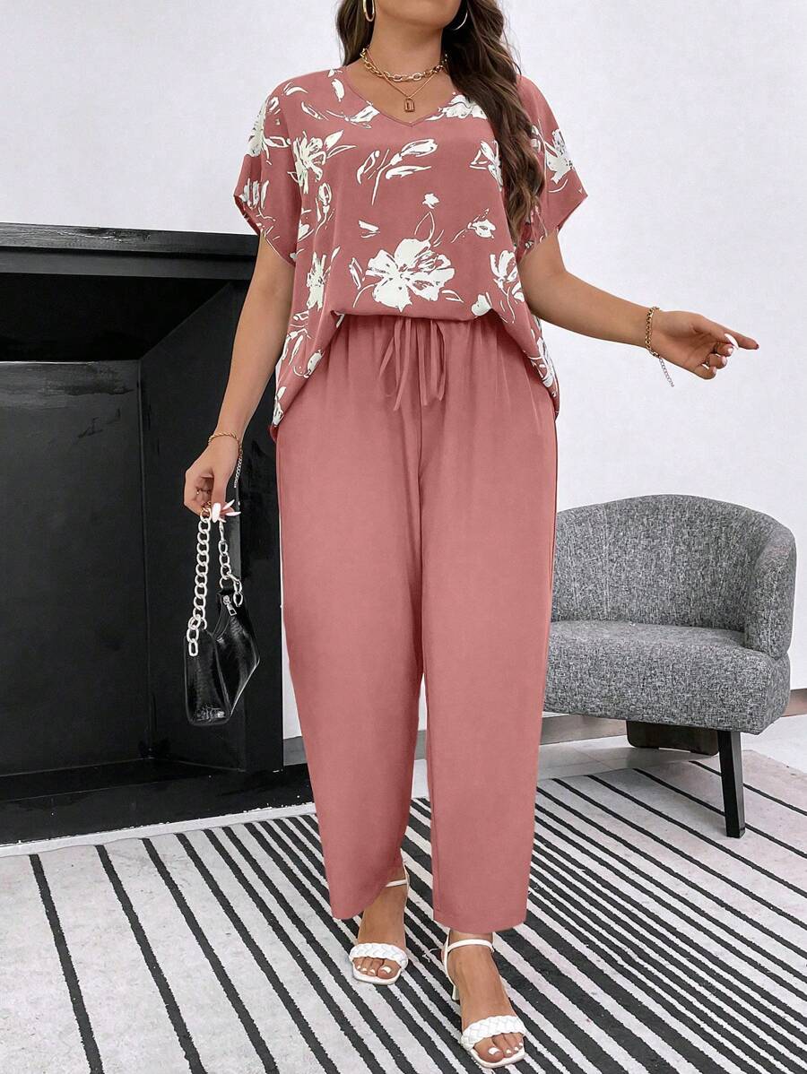 SHEIN LUNE Bộ đồ hai mảnh tay cánh dơi in hoa cỡ lớn và quần dài cho nữ mùa hè - Bụi hồng - Xem 1