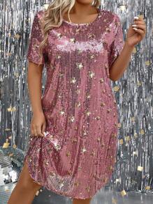 SHEIN Clasi 大碼閃爍圓領短袖連衣裙 - 藕粉色 - 查看 1