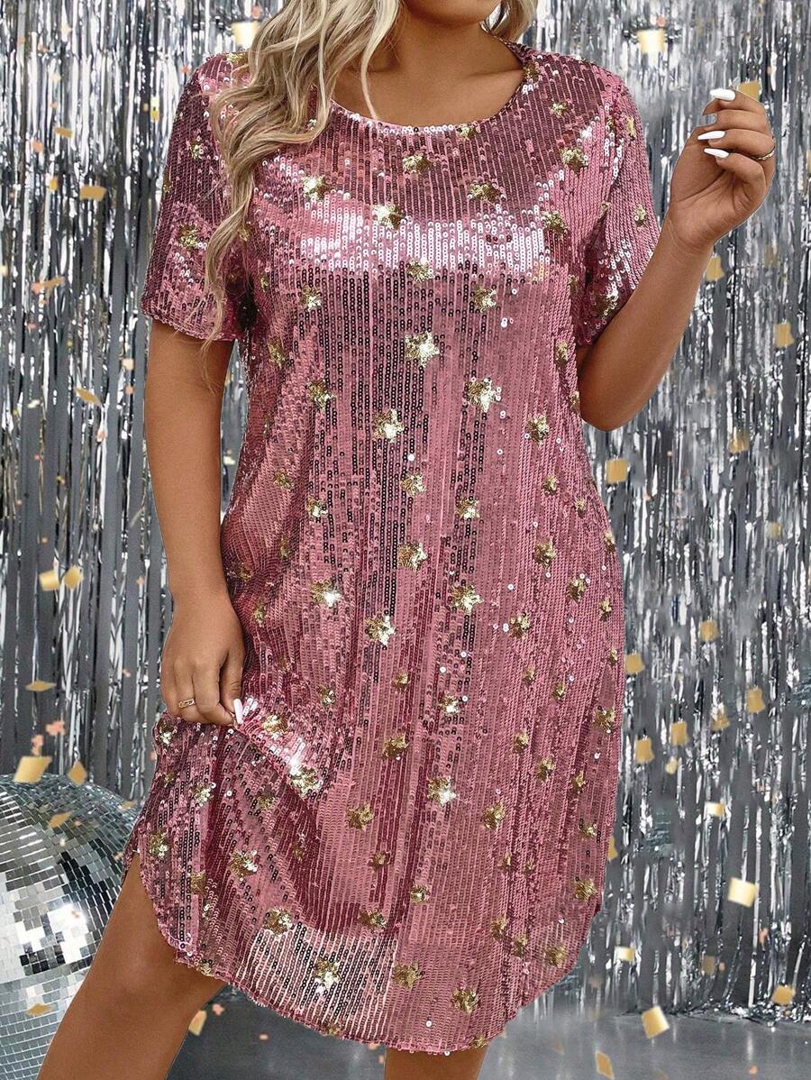 SHEIN Clasi 大碼閃爍圓領短袖連衣裙 - 藕粉色 - 查看 1