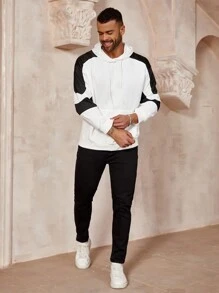 Manfinity Homme Men's Plus Size Fashionable Color Block Sweatshirt With Hood - Black and White - View 5