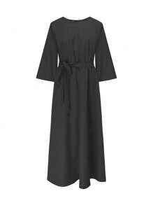 SHEIN Clasi 大尺寸純色束帶連身裙 - 黑色 - 查看 6