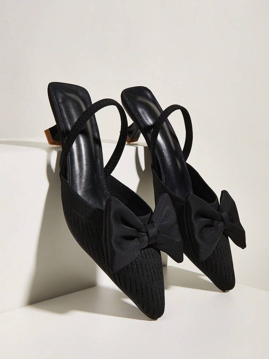 Black High Heeled Shoes With Bow Decoration And Back Strap For Women, Surface And Bow Pattern Random - Black - View 1