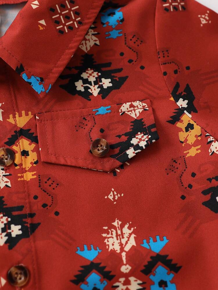 Young Boy Vintage Printed Short Sleeve Shirt And Ripped Denim Shorts For Summer Beach Vacation