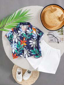 SHEIN 嬰兒男童休閒夏季假期植物圖案短袖襯衫和純色短褲套裝 - 彩色 - 查看 7