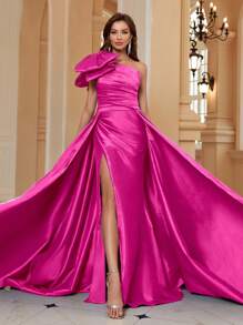SHEIN Belle Đầm dạ hội dài có chi tiết thắt nơ thanh lịch dành cho nữ - Màu Hồng Tươi - Xem 8