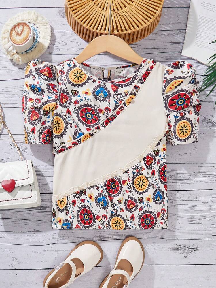 Tween Girls' Cute Round Neck Patchwork Color Block Split Design Gigot Sleeve T-Shirt For Summer