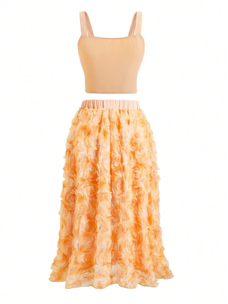Teen Girl's Pleated Camisole Tank Top And 3d Flower A-Line Skirt 2pcs/Set