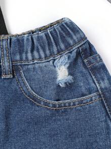 SHEIN Quần Short Denim Mùa Hè Rách Cô Gái Tuổi Teen Có Viền Sờn - Rửa tối - Xem 8