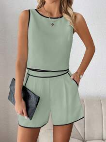 SHEIN Clasi Women's Color Block Edged Sleeveless Top And Shorts Two Pieces Set For Summer