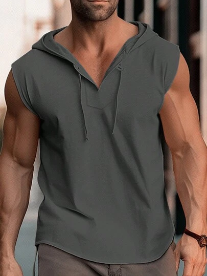 Manfinity Homme 男士纯色抽绳连帽宽肩带背心，夏季