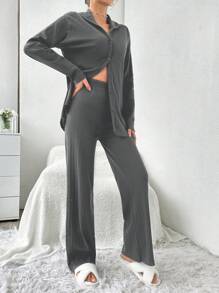 RueChic Shirt Style Buttoned Striped Dark Blue 2-Piece Pajama Set - Grey - View 5